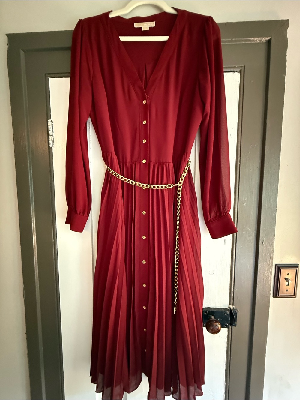 Michael Kors Burgundy Long Sleeve Pleated Button Dress with Gold Chain